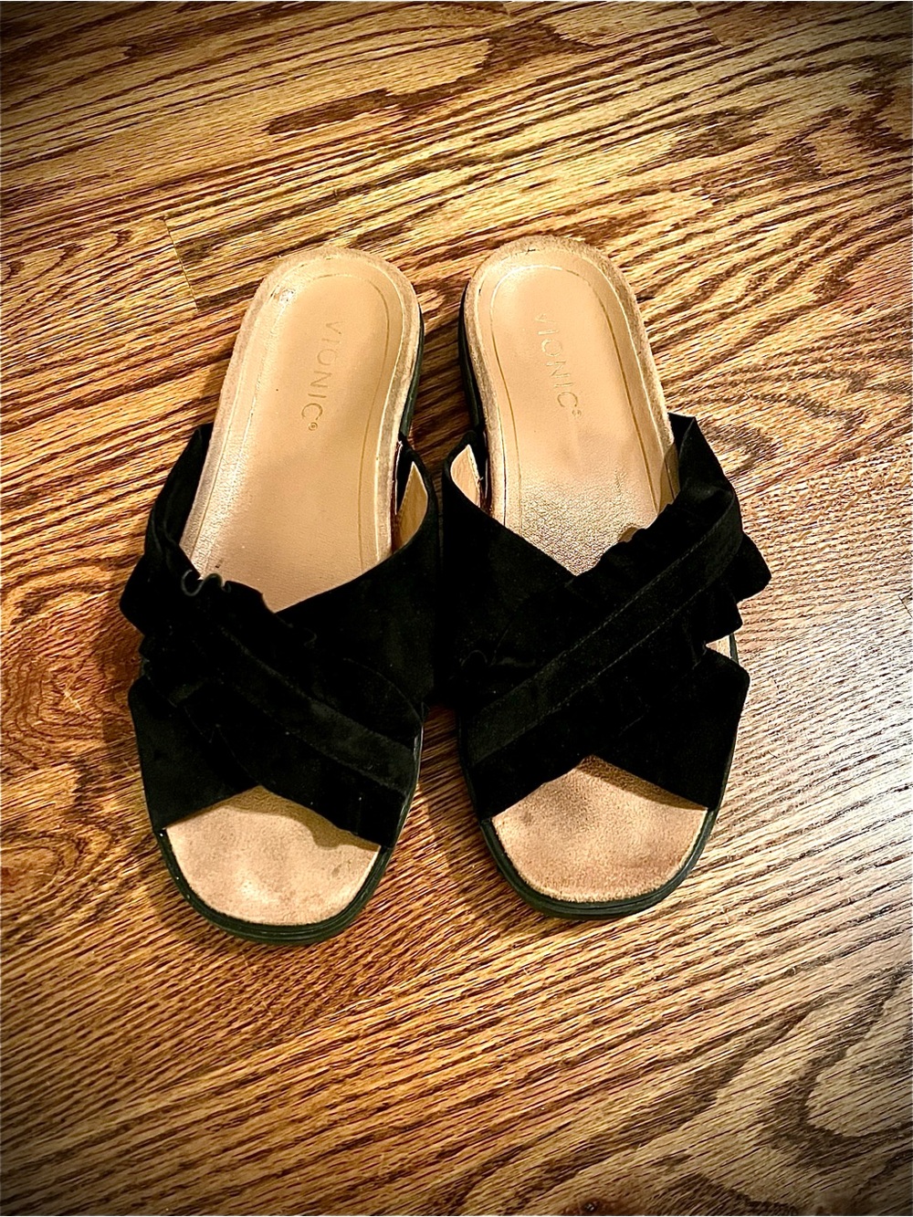 Vionic Black Suede Crisscross Slide Sandals